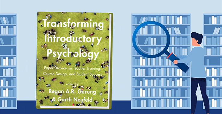 Blue background with cartoon figure holding a magnifying glass over a green textbook titled, “Transforming Introductory Psychology.”
