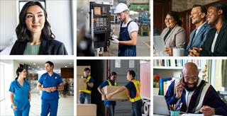 Collage of workers in medical, office, and factory settings.