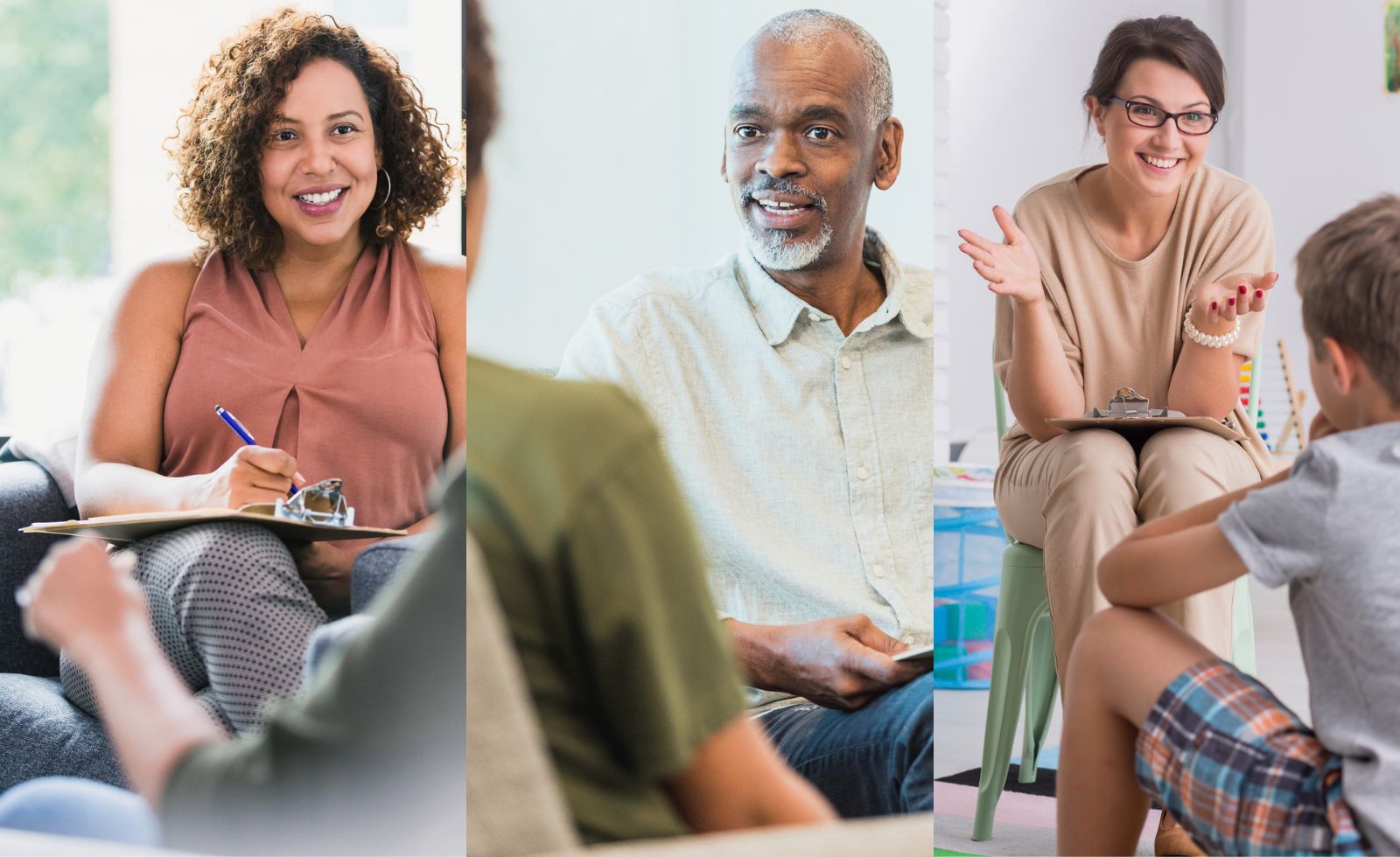 Photo collage featuring three therapists talking to patients.