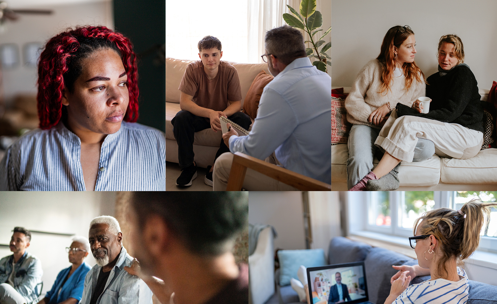 Collage of individuals displaying different methods of coping with trauma.