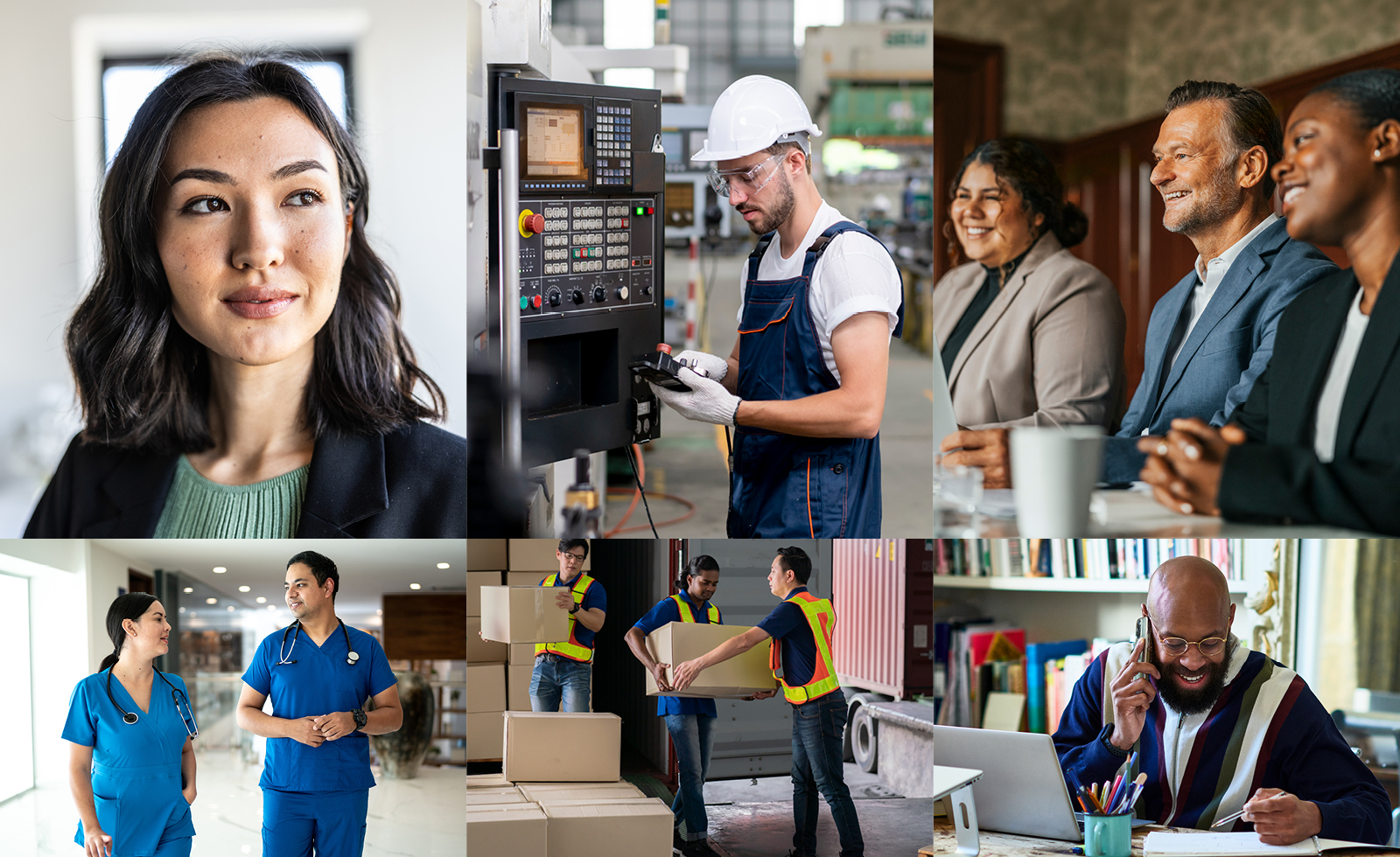 Collage of workers in medical, office, and factory settings.
