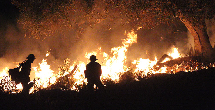 Silhouettes of 2 firefighters fighting a forest fire