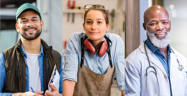 collage of delivery, construction, and medical workers