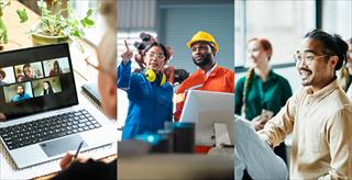 collage of people in varied workplaces, including an office, a warehouse, a factory, and at home